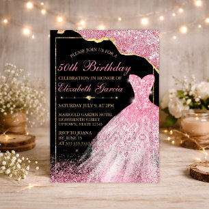 Rosa Wasserfarben-Kleid & Glam Edge Geburtstag Einladung