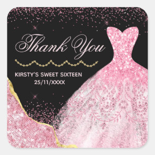Rosa Wasserfarben-Kleid Glam Edge Sweet 16 Geburts Quadratischer Aufkleber