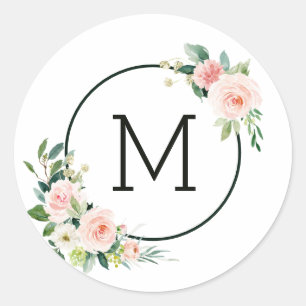 Rosa Wasserfarben-Monogramm-Blüte Runder Aufkleber