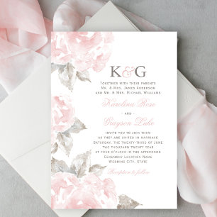 Rosa Wasserfarben-Monogramm-Hochzeit Einladung
