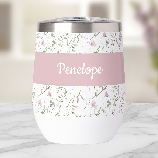 Rosa Wasserfarben-Monogramm-Name mit Wildblumen