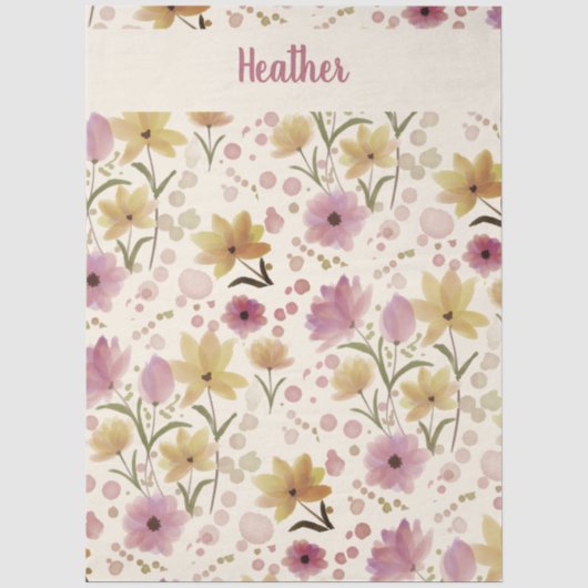Rosa Wasserfarben-Monogramm-Name mit Wildblumen Seidenpapier (Vorderseite)