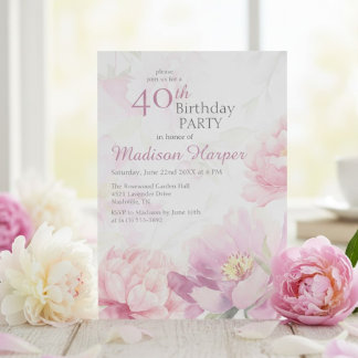 Rosa Wasserfarben-Pfingstrose 40. Geburtstag Einladung