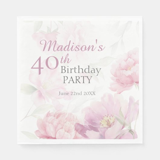 Rosa Wasserfarben-Pfingstrose 40. Geburtstag Serviette (Vorderseite)