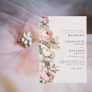 Rosa Wasserfarben-Pfingstrosen Elegante Hochzeit Einladung