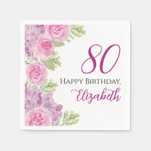 Rosa Wasserfarben-Rosen 80. Geburtstag Papier Serviette