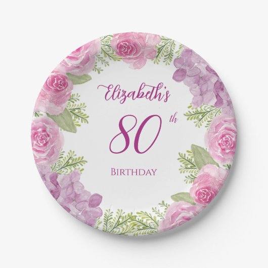 Rosa Wasserfarben-Rosen 80. Geburtstag Pappteller (Vorderseite)