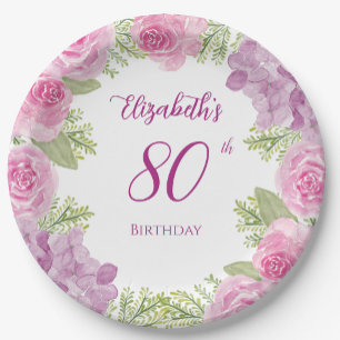 Rosa Wasserfarben-Rosen 80. Geburtstag Pappteller