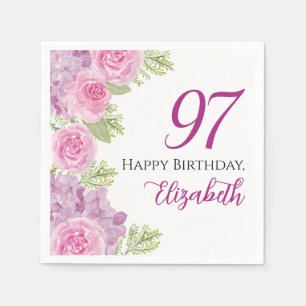 Rosa Wasserfarben-Rosen 97. Geburtstag Papier Serviette