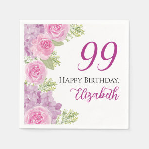 Rosa Wasserfarben-Rosen 99. Geburtstag Papier Serviette