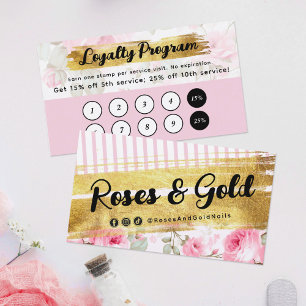 Rosa Wasserfarben-Rosen & Gold Treue-Stempel Visitenkarte