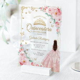 Rosa Wasserfarben-Rosen Goldene Quinceanera Acryleinladungen