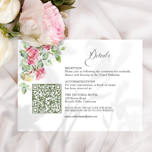 Rosa Wasserfarben-Rosen Hochzeit QR-Code Begleitkarte