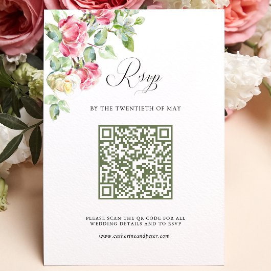 Rosa Wasserfarben-Rosen Hochzeit QR-Code RSVP Karte