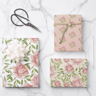 Rosa Wasserfarben Rosen in Blush-Lila Geschenkpapier Set