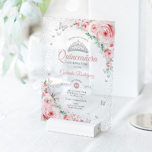 Rosa Wasserfarben-Rosen Quinceanera in Errötungsro Acryleinladungen