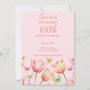 Rosa Wasserfarben-Tulpen 100. Geburtstagsfeier Einladung