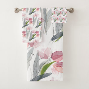 Rosa Wasserfarben-Tulpen Salbeigrüne Blätter Weiß Badhandtuch Set