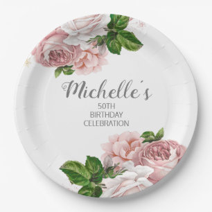 Rosa Wasserfarben Vintage Floral Geburtstag Pappteller