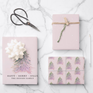 Rosa Wasserfarben-Weihnachtsbäume-Feiertag Geschenkpapier Set