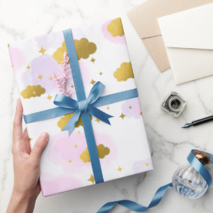 Rosa Wasserfarben Wolken Gold Stars Sky Geschenkpapier
