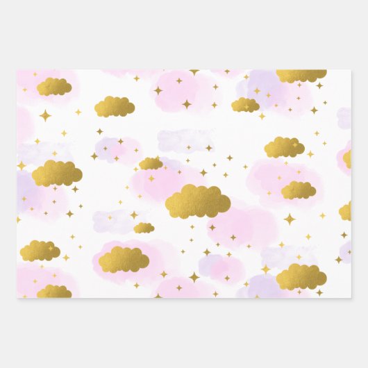 Rosa Wasserfarben Wolken Gold Stars Sky Geschenkpapier Set (Vorderseite)