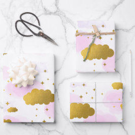 Rosa Wasserfarben Wolken Gold Stars Sky Geschenkpapier Set