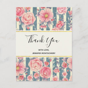 Rosa Wasserfarbenblumen auf Streifen Danke Postkarte