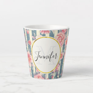 Rosa Wasserfarbenblumen auf Streifen-Monogramm Milchtasse