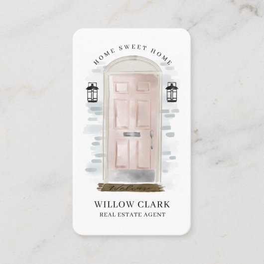 Rosa Wasserfarbenfront Tür Real Anwesen Agent Visitenkarte (Vorderseite)