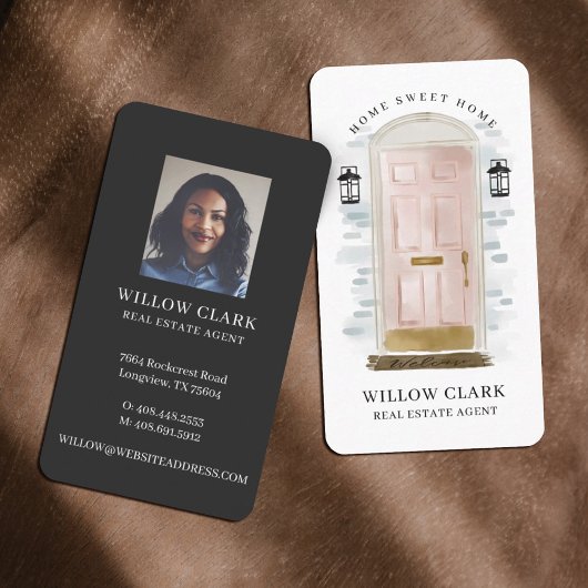 Rosa Wasserfarbenfront Tür Real Anwesen Agent Visitenkarte