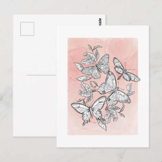 Rosa Wasserfarbengezeichnete Schmetterlinge Postkarte (Vorne/Hinten)