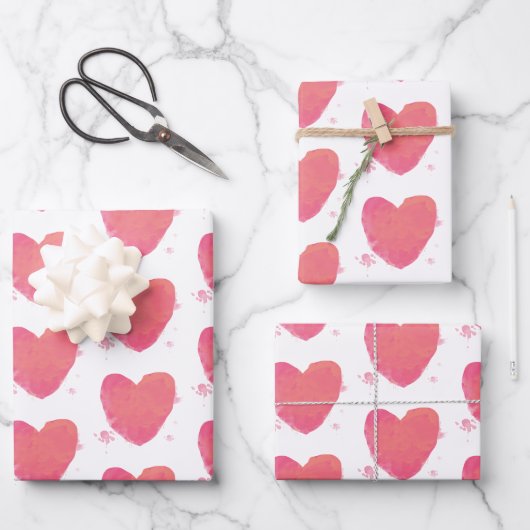 Rosa Wasserfarbenherz Geschenkpapier Set (Vorderseite)