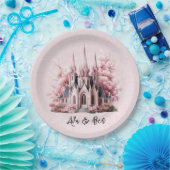 Rosa Wasserfarbenkirche Hochzeit Pappteller (Party)