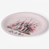 Rosa Wasserfarbenkirche Hochzeit Pappteller (Schrägansicht)