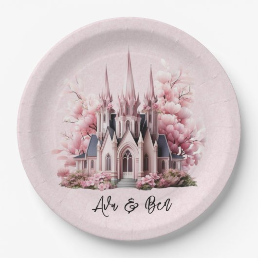 Rosa Wasserfarbenkirche Hochzeit Pappteller (Vorderseite)