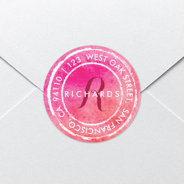 Rosa Wasserfarbenmonogramm | Round Address Runder Aufkleber