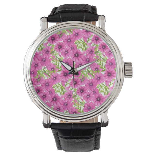Rosa Wasserfarbenmuster Petunia-Blume Armbanduhr (Vorderseite)