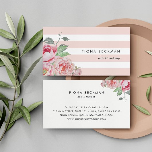 Rosa Wasserfarbenpeony & Blush Streifen Visitenkarte