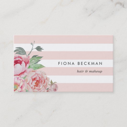 Rosa Wasserfarbenpeony & Blush Streifen Visitenkarte (Vorderseite)