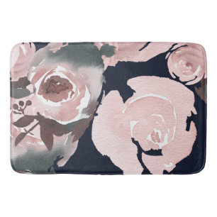 Rosa Wasserfarbenrosen Dunkel Marineblau Floral Badematte