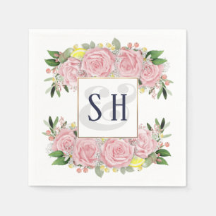 Rosa Wasserfarbenrosen gelbe Zitronen, Monogramm Serviette