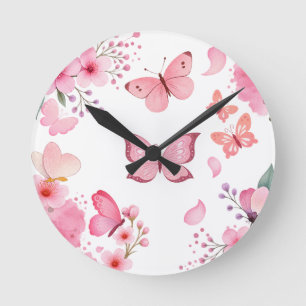 Rosa Wasserfarbenschmetterling Blumengarten Runde Wanduhr