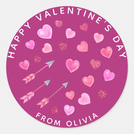 Rosa Wasserhärten und Pfeile Valentinstag Runder Aufkleber (Vorderseite)