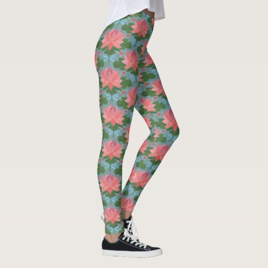 Rosa Wasserlilien und blaue Libellen auf blau Leggings (Rechts)