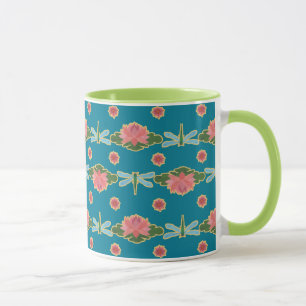 Rosa Wasserlilien und Libellen auf blau Tasse