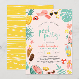 Rosa | Wassermelone Ananas Tropical Pool Party Einladung