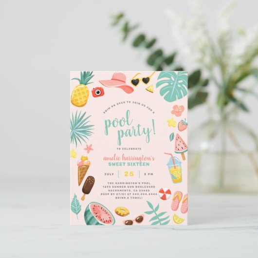 Rosa | Wassermelone Ananas Tropical Pool Party Einladungspostkarte (Stehend Vorderseite)
