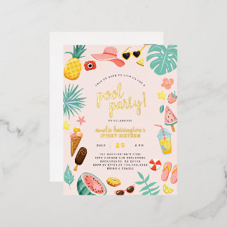 Rosa | Wassermelone Ananas Tropical Pool Party Folie Einladungspostkarte