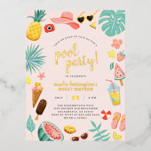 Rosa | Wassermelone Ananas Tropical Pool Party Folie Einladungspostkarte (Vorderseite)